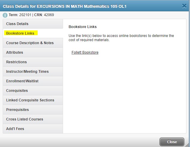 Image of Bookstore Links in the Reg Hub Class Details Menu